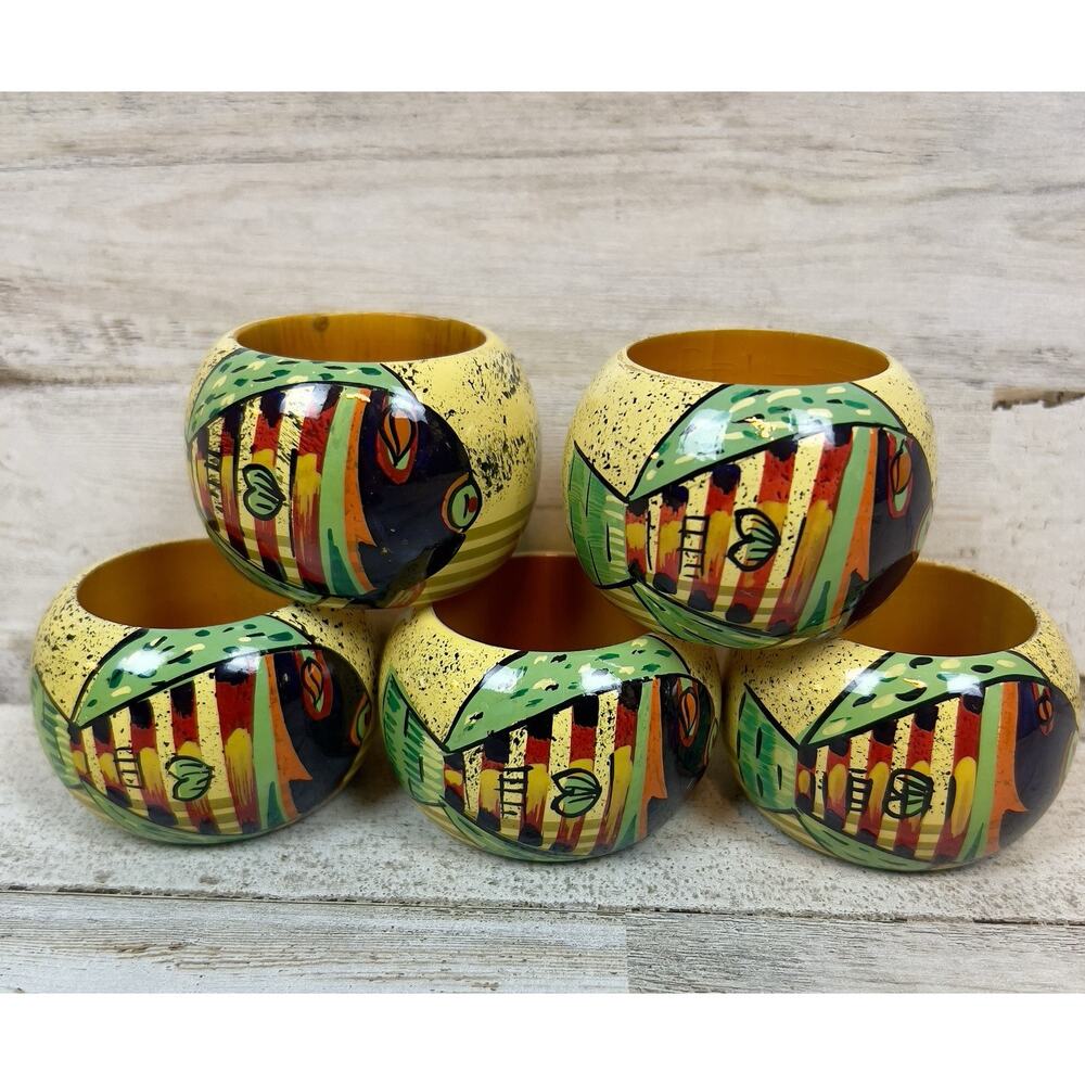 Painted Wooden Fish Set Of (5) Napkin Rings Holders Bright Colors